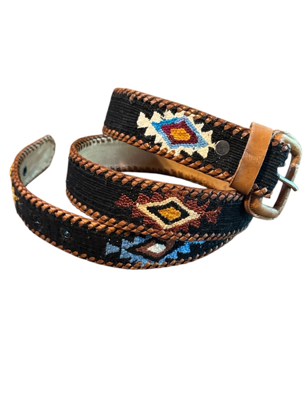 Handcrafted woven belt with leather buckle and trim Made in Guatemala Size 38